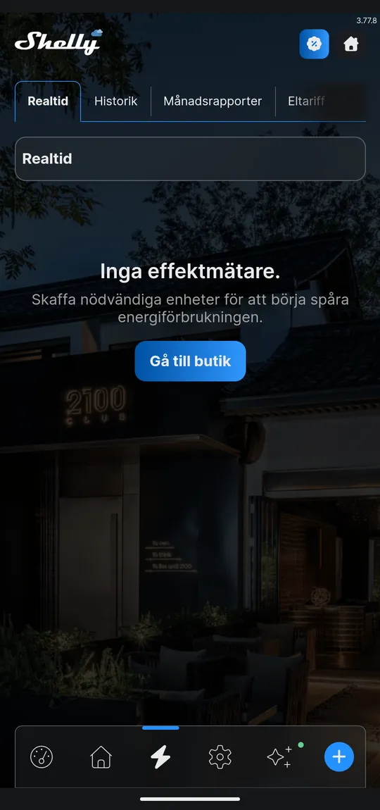 Energi-vyn utan mätande enheter — "Inga effektmätare". Överst flikarna Realtid, Historik, Månadsrapporter och Eltariff.