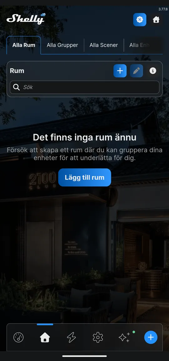 Hem-vyn med ett tomt konto. Flikarna Alla Rum, Alla Grupper, Alla Scener och Alla Enheter ligger överst.