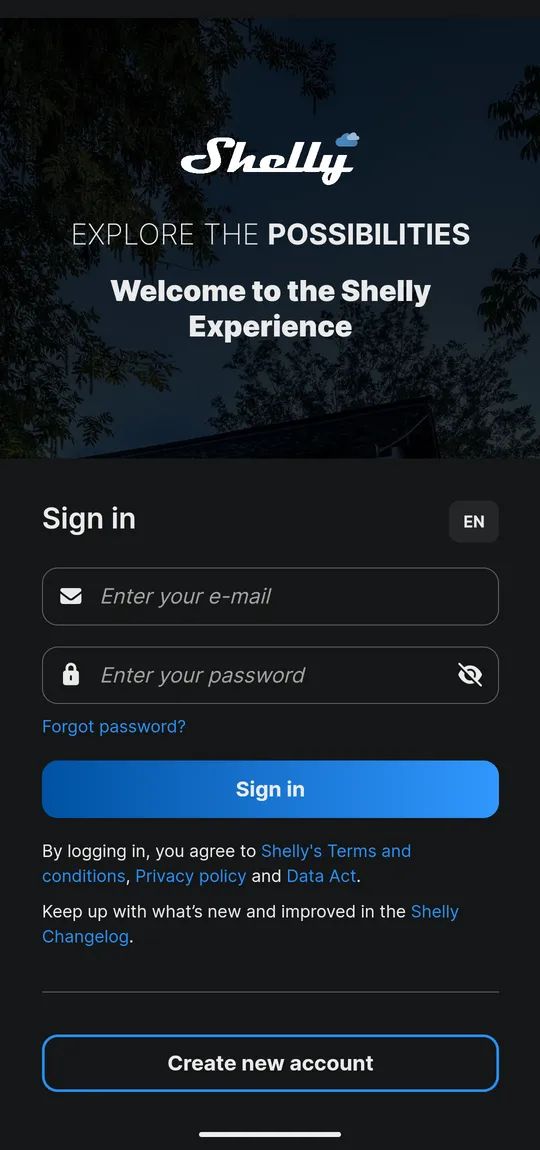 The Sign in screen. New accounts start from Create new account at the bottom.