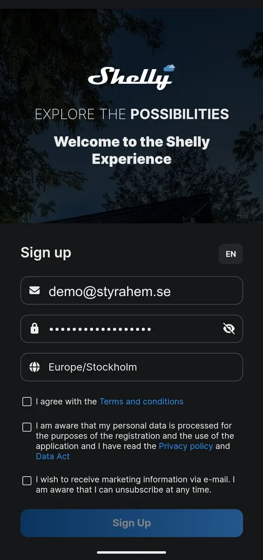 The Sign up form: email, password, region and the two required consent boxes.
