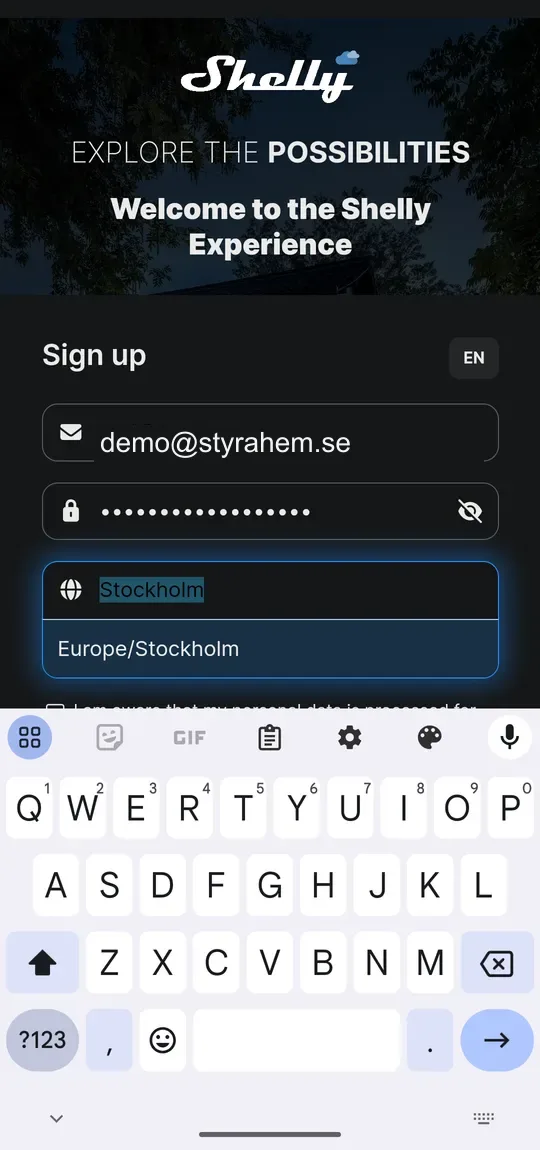 Type a city and pick the matching time zone from the list — here Europe/Stockholm.